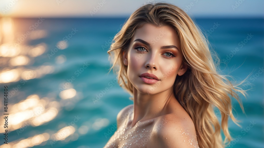 pretty woman on ocean bokeh bright background model photoshoot for ad concept marketing smooth skin and beauty products
