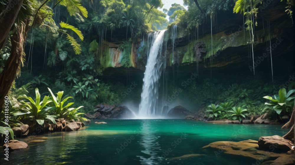 Witnessing the majesty of a waterfall cascading into a hidden emerald pool deep in the jungle, Generative AI Witnessing the majesty of a waterfall cascading into a hidden emerald pool deep in the jungle, Generative AI