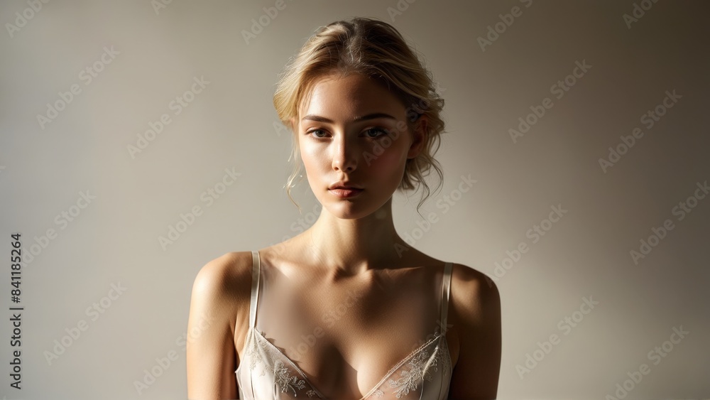 Model in minimalist sheer lingerie clean lines neutral palette understated elegance holding an architectural model Model in minimalist sheer lingerie clean lines neutral palette understated elegance holding an architectural model