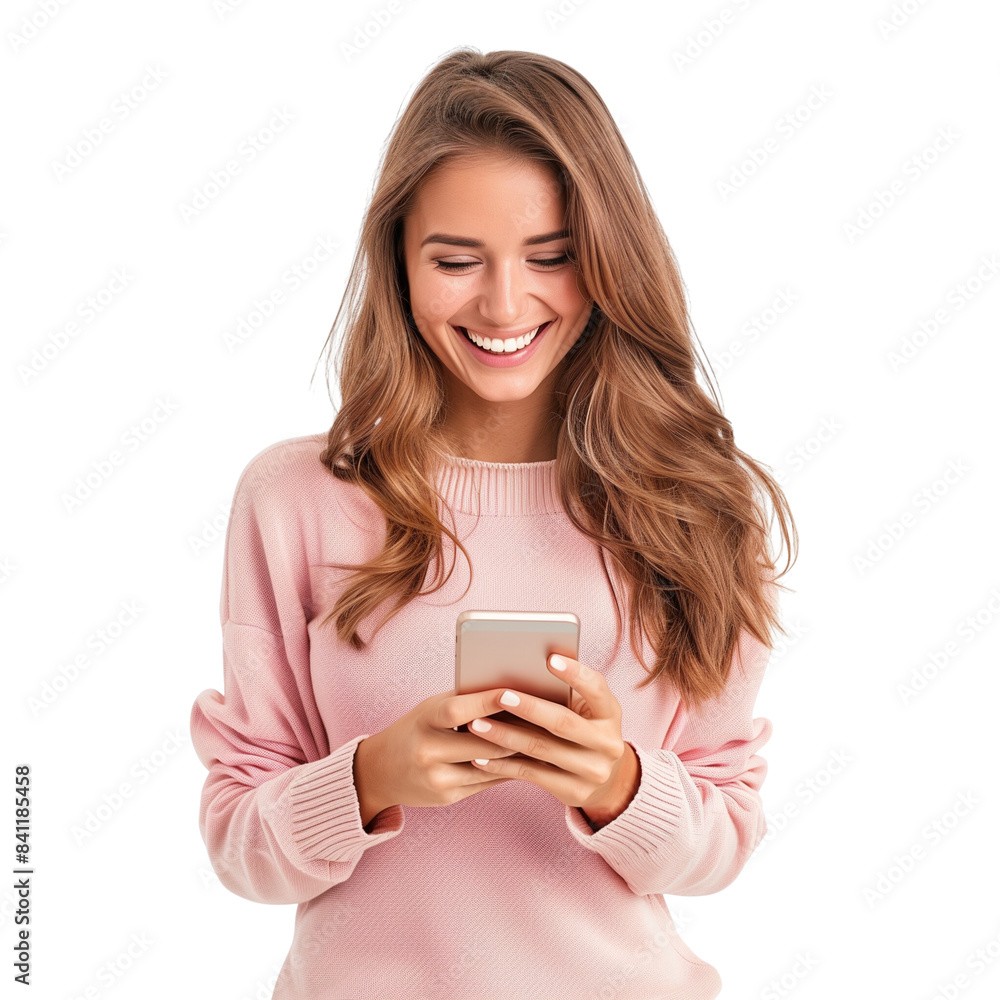 Beautiful young woman holding a phone on transparent background. Generative AI. Beautiful young woman holding a phone on transparent background. Generative AI.