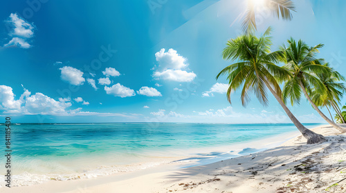Beauty view of beach line with tall palms tree and ocean. White sand. Bright tropical summer sun and blue sky with light clouds. Wide format © master graphics 