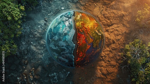 Wallpaper Mural Split Earth showing one half as a lush, green world and the other half as a scorched, barren landscape. Torontodigital.ca