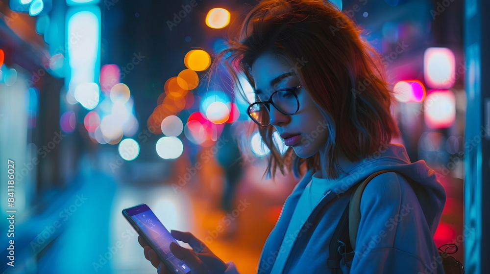 Young Woman Smartphone Night City Neon Lights Young Woman Smartphone Night City Neon Lights