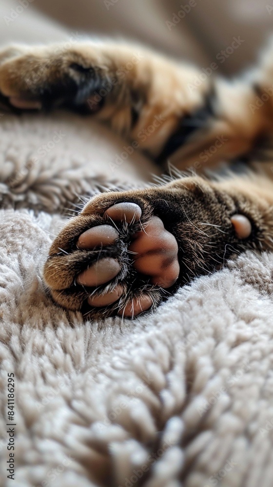Obraz premium A close-up shot of a cat's paw resting gently on a soft surface like a cushion or a blanket