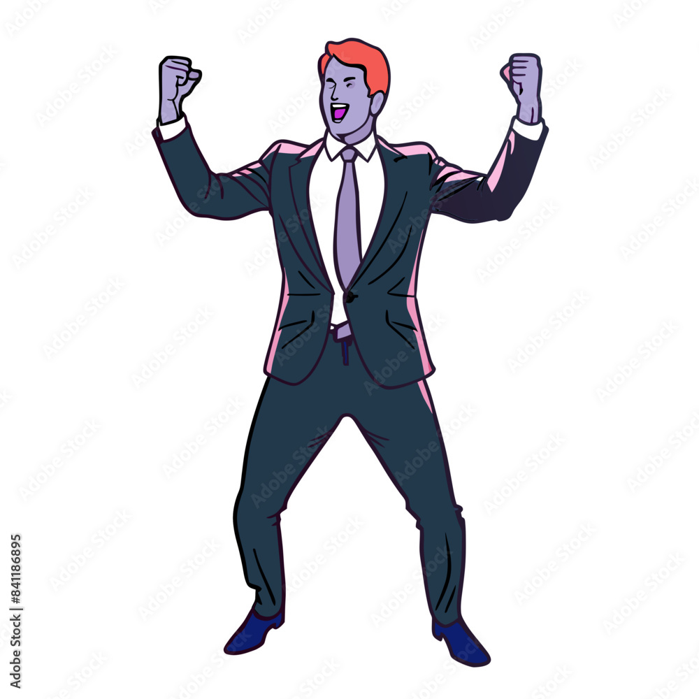 businessman standing with a stylish pose. Show the man cheers and clenches his fists, emphasizing his enthusiasm and confidence. businessman standing with a stylish pose. Show the man cheers and clenches his fists, emphasizing his enthusiasm and confidence.