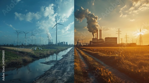 Contrast between clean energy and pollution, Divided scene showing renewable energy sources like wind turbines and solar panels on one side, and industrial smokestacks emitting pollution on the other photo