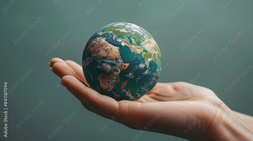 A 3D poster of a human hand holding a small, fragile Earth, with significant copy space around the hand. This design emphasizes the need for action to protect our planet. A 3D poster of a human hand holding a small, fragile Earth, with significant copy space around the hand. This design emphasizes the need for action to protect our planet.