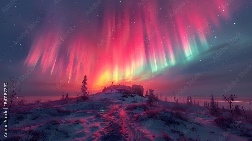 A breathtaking aurora borealis dancing across the night sky, casting a colorful display over a wilderness landscape A breathtaking aurora borealis dancing across the night sky, casting a colorful display over a wilderness landscape