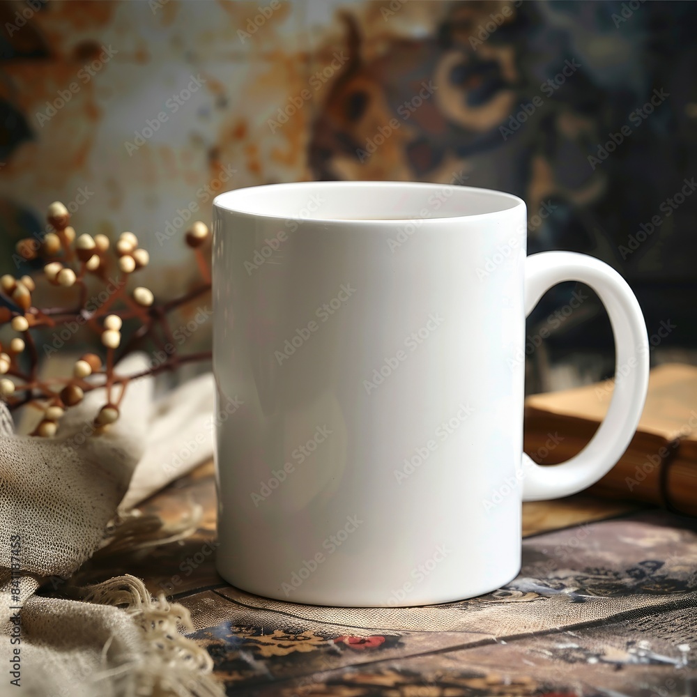 White Coffee Mug 15Oz Mockup, On Renaissance Background White Coffee Mug 15Oz Mockup, On Renaissance Background