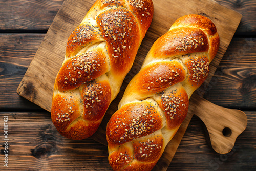 Two Freshly baked Challah bread covered with poppy and sesame seeds, top view on rustic wooden background, traditional festive Jewish cuisine. photo