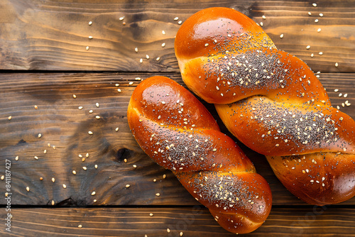 Two Freshly baked Challah bread covered with poppy and sesame seeds, top view on rustic wooden background, traditional festive Jewish cuisine. photo