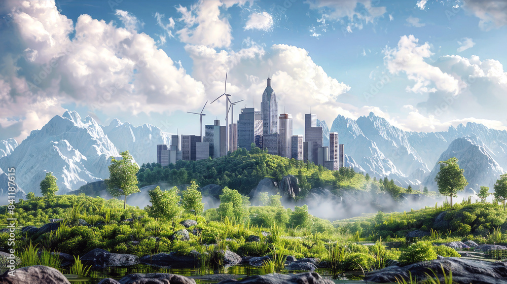 Obraz premium Modern city with wind turbines and skyscrapers sits atop a lush, green hill surrounded by mountains under a partly cloudy sky, symbolizing the harmony between urban development and nature.