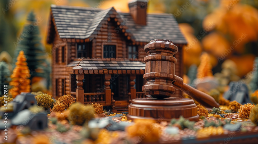 Wooden Gavel Beside a Miniature Log Cabin in an Autumnal Setting Wooden Gavel Beside a Miniature Log Cabin in an Autumnal Setting