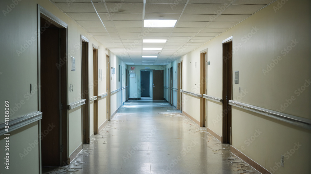 Phantom traces: Roaming through vacant hospital passageways, where blurred outlines suggest the ghostly remnants of past human presence, Generative AI Phantom traces: Roaming through vacant hospital passageways, where blurred outlines suggest the ghostly remnants of past human presence, Generative AI
