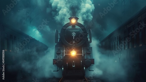 A dramatic, smoke-filled scene of an old steam locomotive train at a station, captured during nighttime with a mysterious atmosphere. photo