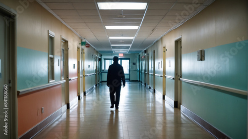 Fading specters: Wandering through desolate hospital corridors, where blurred silhouettes hint at the fading echoes of lives once intertwined, Generative AI photo