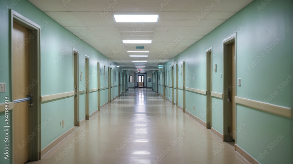 Obraz premium Ethereal whispers: Prowling deserted hospital hallways, where blurred apparitions hint at ethereal whispers of lives once lived, Generative AI