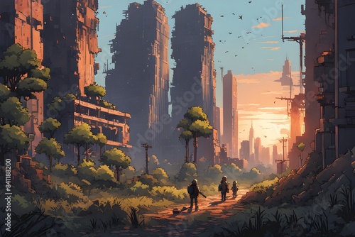 pixel art landscape showcasing post apocalyptic world with ruined city buildings photo