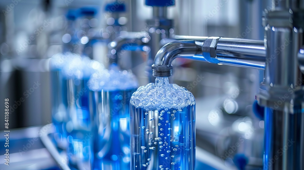 Close-up of blue liquid bottles being filled in an automated production line in a modern factory, showcasing industrial bottling efficiency. Close-up of blue liquid bottles being filled in an automated production line in a modern factory, showcasing industrial bottling efficiency.