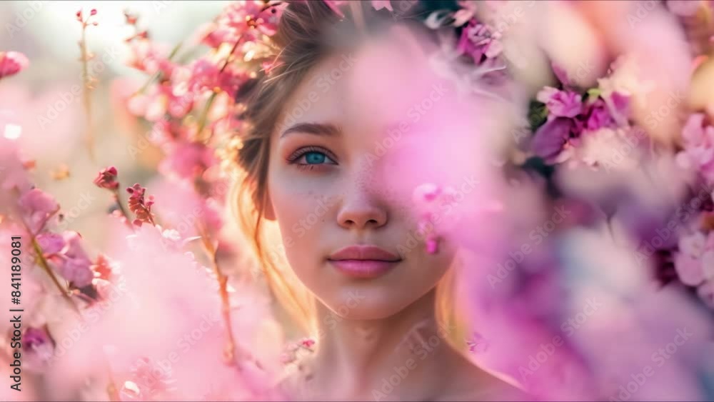 Woman surrounded by flowers in pink spring smoke with centered copy space and selective focus. Concept Spring Photoshoot, Pink Smoke, Floral Fantasy, Copy Space, Selective Focus Woman surrounded by flowers in pink spring smoke with centered copy space and selective focus. Concept Spring Photoshoot, Pink Smoke, Floral Fantasy, Copy Space, Selective Focus