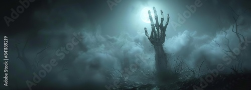 Zombie skeleton hand emerging horizontally from the foggy earth, with a wide-angle perspective on a dark Halloween night, illuminated by moonlight and spooky shadows, digital CG 3D render photo