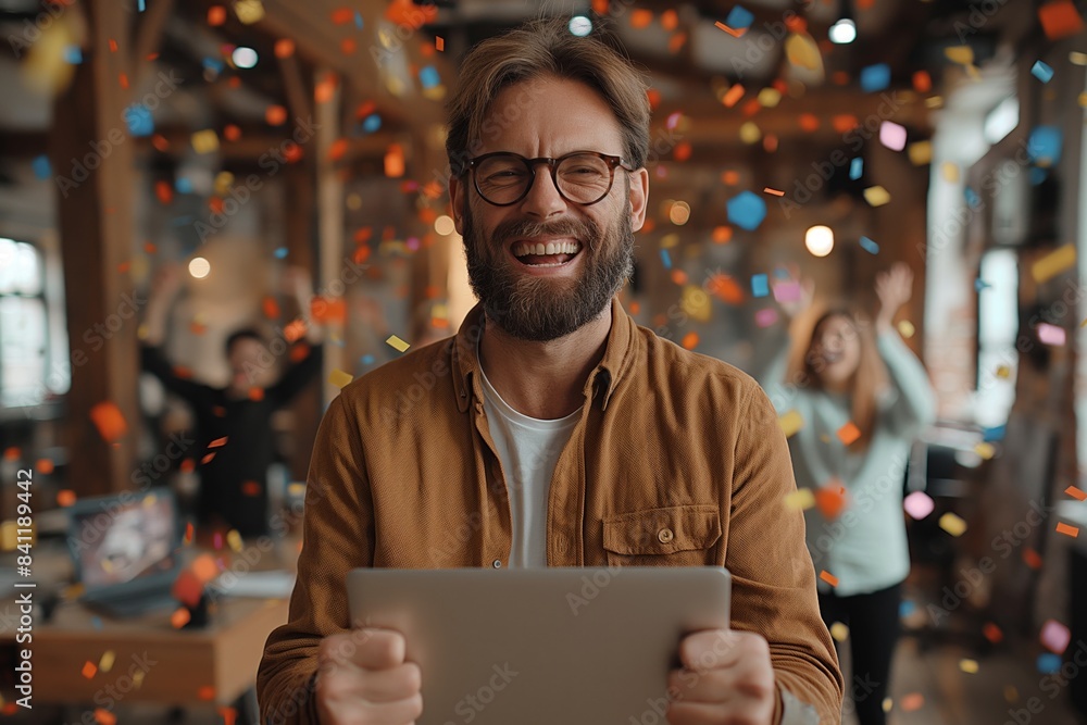 Man celebrating with confetti and tablet Man celebrating with confetti and tablet