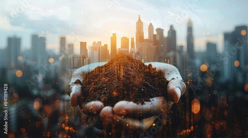 Hands holding soil with a city skyline in the background, representing the connection between urban development and nature's foundation. photo