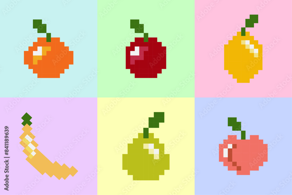 6 fruit pixel icons with background 6 fruit pixel icons with background