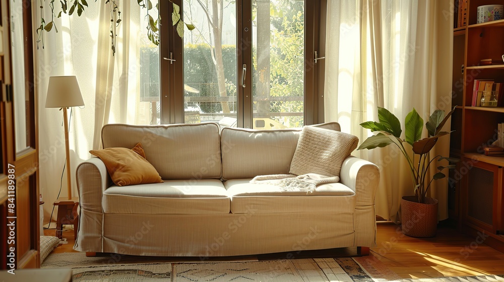 wide angle view of Stylish studio apartment interior with comfortable beige sofa. Generative Ai wide angle view of Stylish studio apartment interior with comfortable beige sofa. Generative Ai