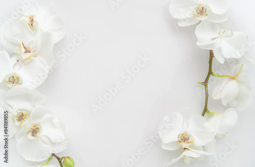 White orchid wreath, flat lay, elegant, delicate, floral arrangement, minimalist