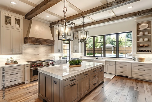  Traditional kitchen in beautiful new luxury home with hardwood floors, wood beams, and large island quartz counters. Includes farmhouse sink, elegant pendant lights, and large windows