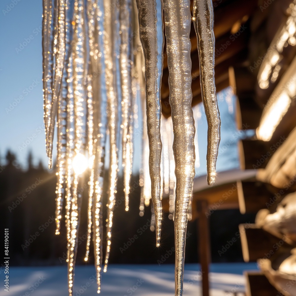 A close-up of icicles hanging from the eaves of a rustic cabin, with the sunlight turning them into glittering natural chandeliers, set against the simplicity of the winter landscape.