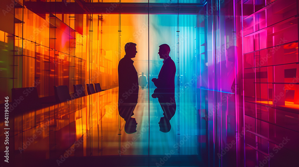 A vividly colored future business negotiation with magical influences, side view, merging professional and enchanted atmospheres, scifi tone, Triadic Color Scheme A vividly colored future business negotiation with magical influences, side view, merging professional and enchanted atmospheres, scifi tone, Triadic Color Scheme