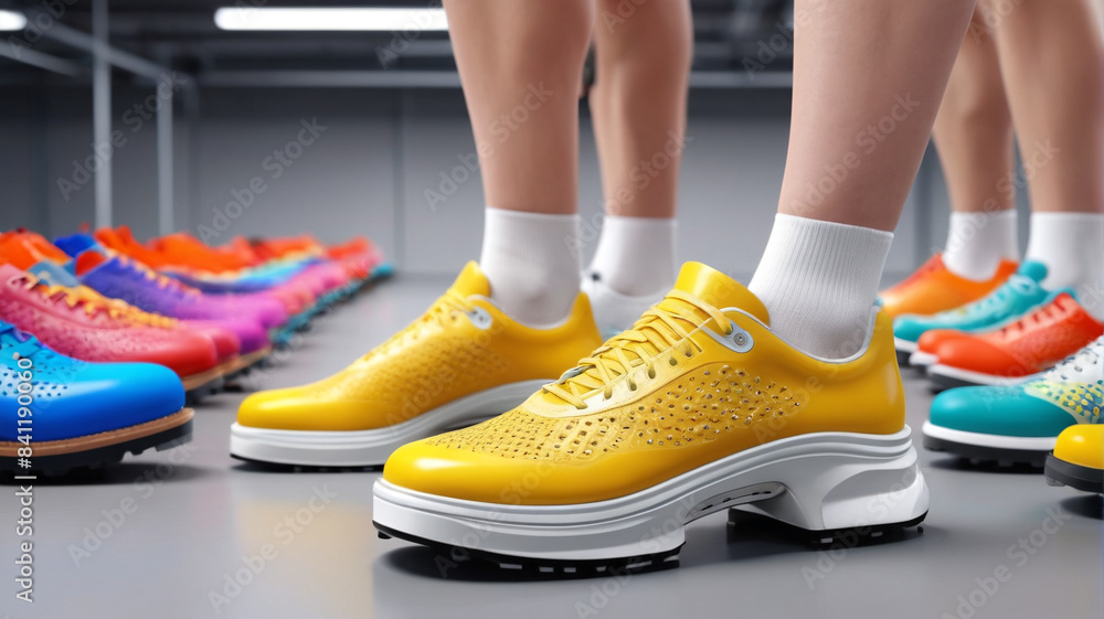 Naklejka premium Footwear Finesse: Prowling the shoe factories where precision and design converge to create footwear that blends fashion with function, Generative AI