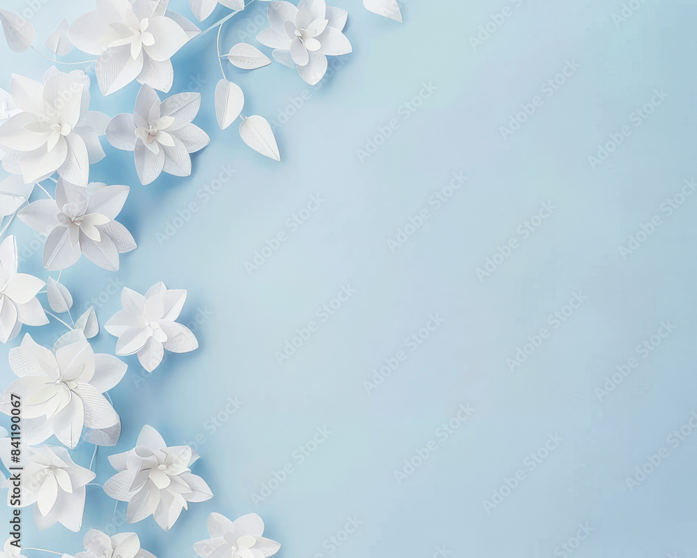 White paper flowers on light blue background, elegant and minimalistic White paper flowers on light blue background, elegant and minimalistic