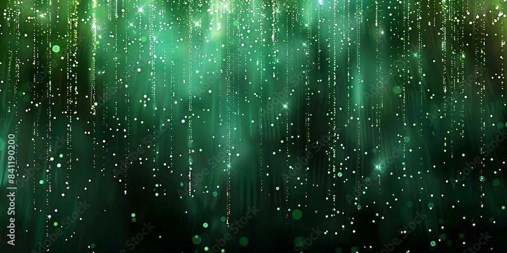 Shiny green glitter rain draping down on black background, sparkling particles celebration background Shiny green glitter rain draping down on black background, sparkling particles celebration background