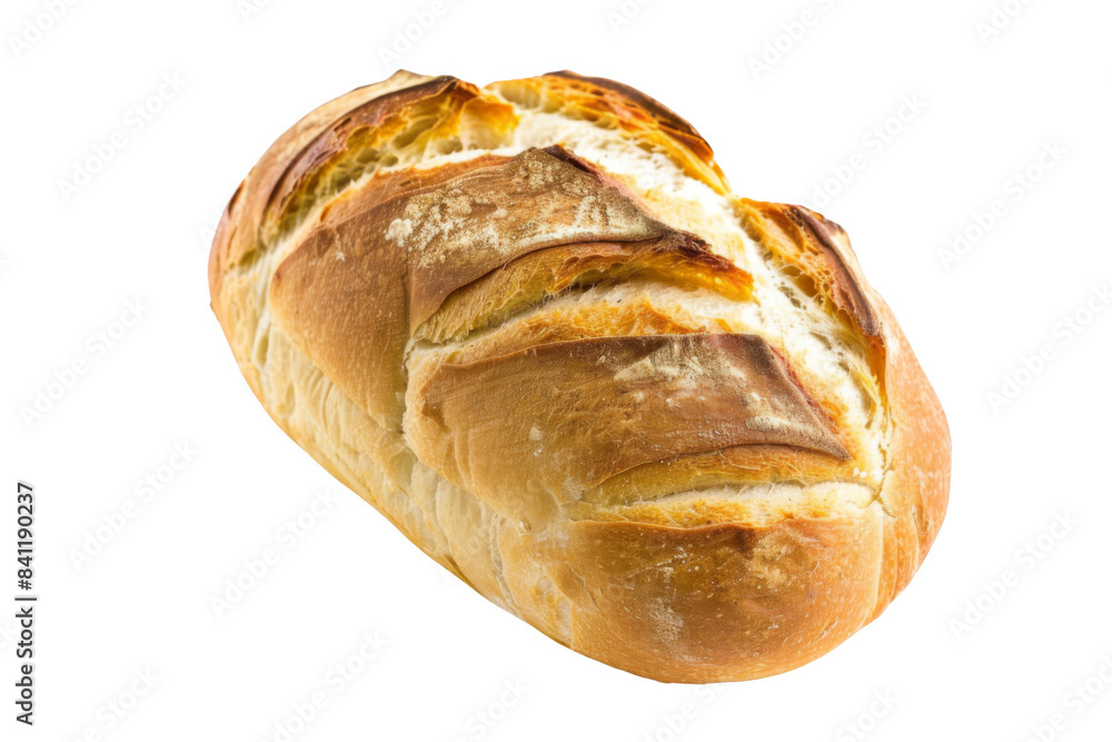 A loaf of bread with a crusty edge sits on a white background A loaf of bread with a crusty edge sits on a white background