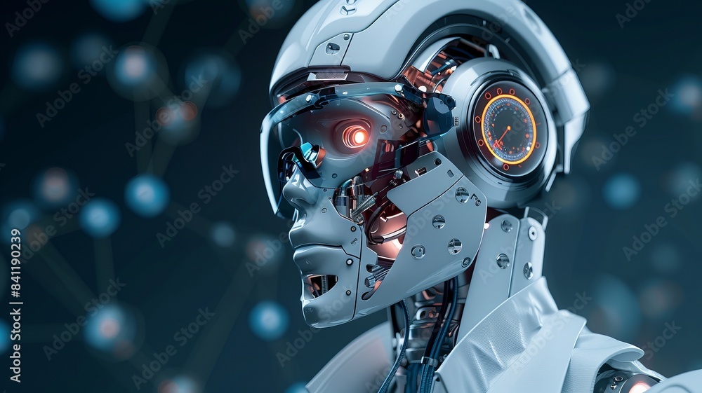 Fototapeta premium Futuristic humanoid robot with complex circuitry and glowing red eyes, showcasing advanced artificial intelligence technology.