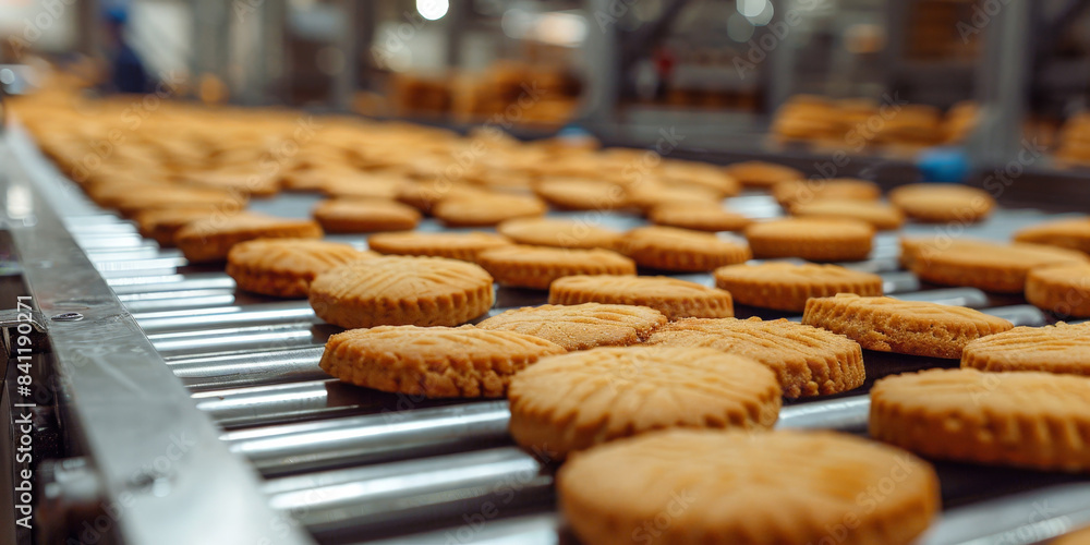 A close-up view of freshly baked cookies moving along a production line in a commercial bakery, showcasing the detailed process of cookie manufacturing.. A close-up view of freshly baked cookies moving along a production line in a commercial bakery, showcasing the detailed process of cookie manufacturing..