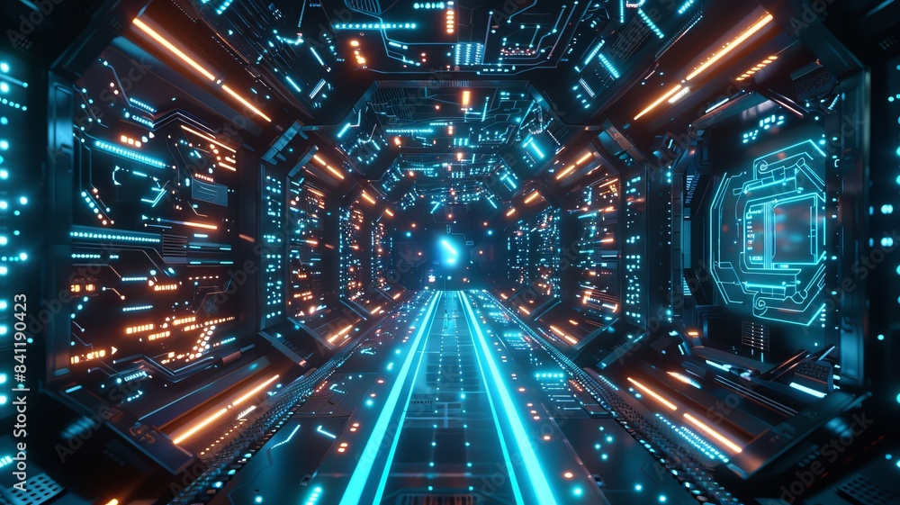 Futuristic sci-fi corridor with neon lights and glowing technology, depicting a high-tech environment in a spaceship or digital world. Futuristic sci-fi corridor with neon lights and glowing technology, depicting a high-tech environment in a spaceship or digital world.