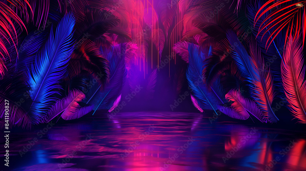 Neon Jungle: vibrant tropical foliage and reflections. Copy space. Generative AI Neon Jungle: vibrant tropical foliage and reflections. Copy space. Generative AI