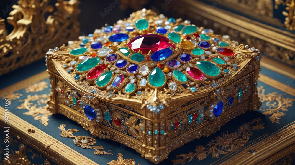 Obraz premium Regal Treasures: Exploring the vaults of royal palaces where the sparkle of jewels tells the tales of dynasties past, Generative AI