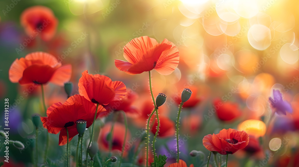 Fototapeta premium Colorful spring summer landscape with red poppy flowers in meadow in nature glow in sun. Selective focus, shallow depth of field