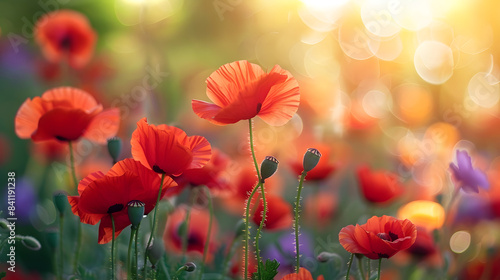 Colorful spring summer landscape with red poppy flowers in meadow in nature glow in sun. Selective focus, shallow depth of field