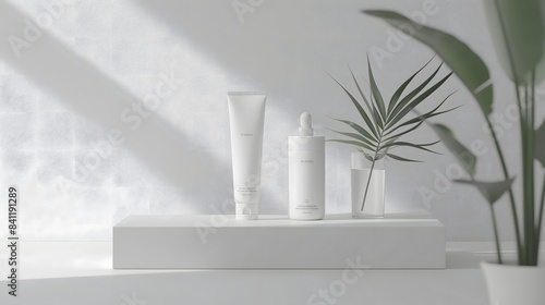 4. Design an image capturing the elegance of a skincare product, its sleek packaging complementing the minimalist aesthetic of the white background.