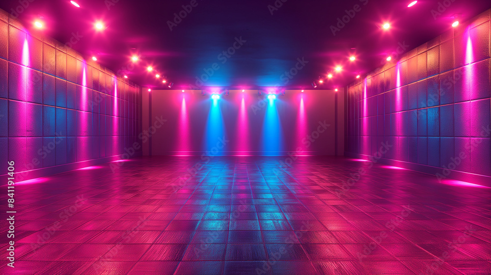 Empty nightclub interior with vibrant pink and blue lights. Copy space. Generative AI Empty nightclub interior with vibrant pink and blue lights. Copy space. Generative AI