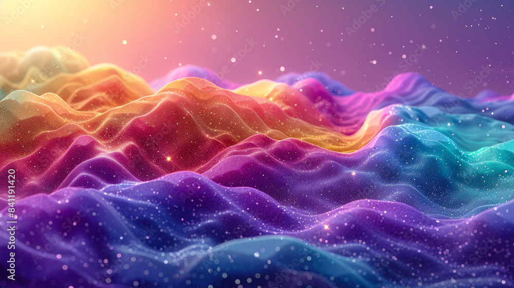 Fototapeta premium Dreamlike Rainbow Hills: Enchanting Cosmic Landscape with Vibrant Colors and Sparkling Stars, AI Generated