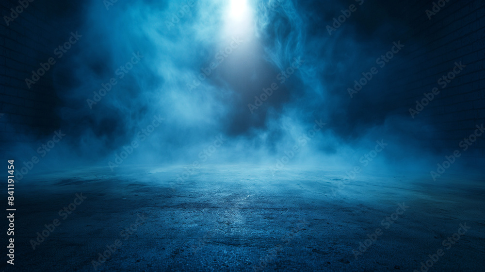 Obraz premium Dark misty alley with blue fog and dramatic lighting. Copy space. Generative AI 