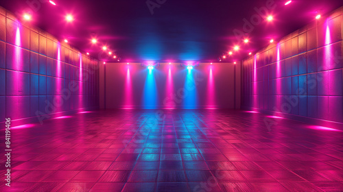 Empty nightclub interior with vibrant pink and blue lights. Copy space. Generative AI 