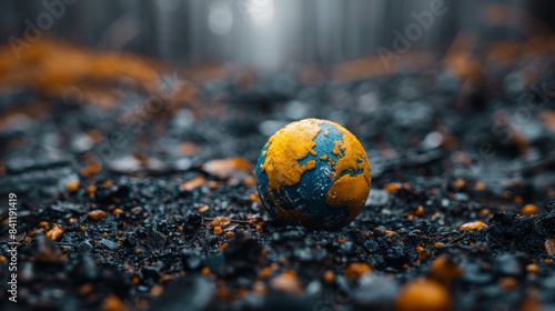 A Miniature Earth Globe Resting on Burned Forest Ground